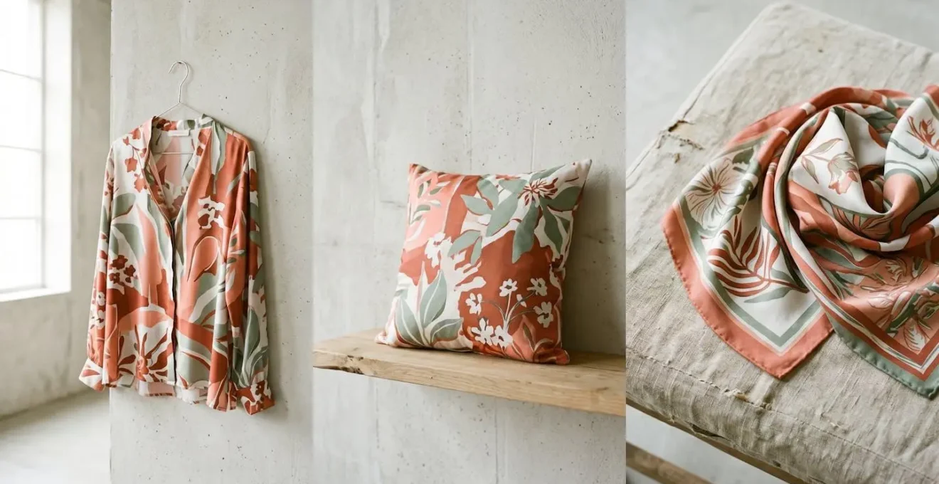 Composition photographique présentant vêtement mode, coussin décoratif et accessoire réalisés en tissus personnalisés aux motifs exclusifs