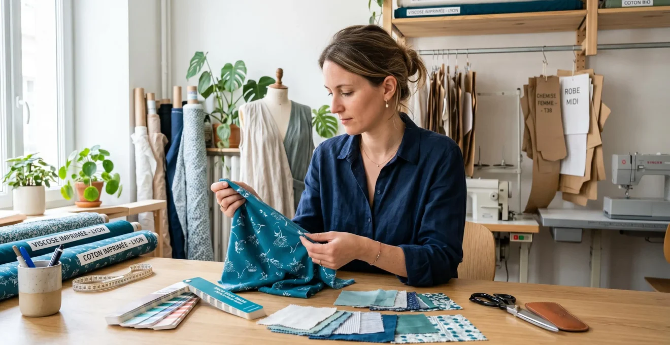 Créatrice de mode dans son atelier lyonnais examinant attentivement un échantillon de tissu viscose bleu canard sous lumière naturelle, avec nuancier Pantone et échantillons de comparaison sur sa table de travail