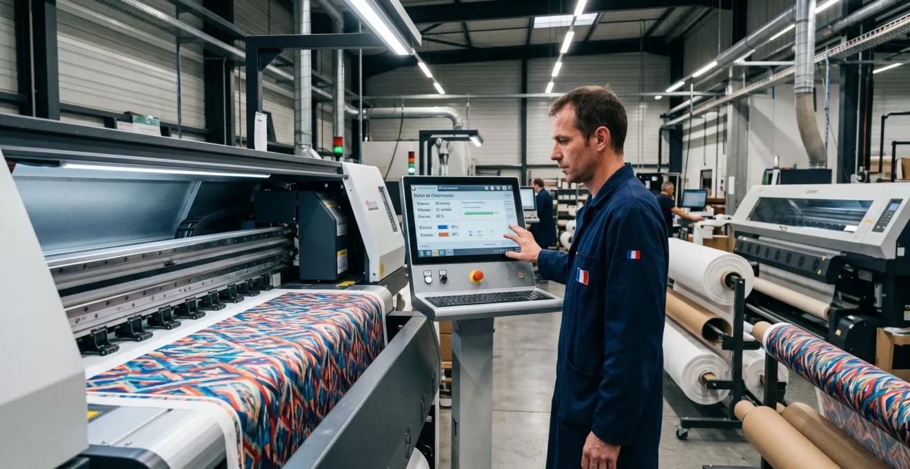 Imprimante numérique textile grand format en fonctionnement dans une usine française, avec tissu viscose défilant pendant l'impression et opérateur contrôlant le processus sur écran de commande