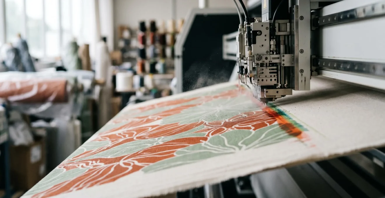 Schéma isométrique 3D illustrant le processus de transformation d'un fichier numérique en impression textile