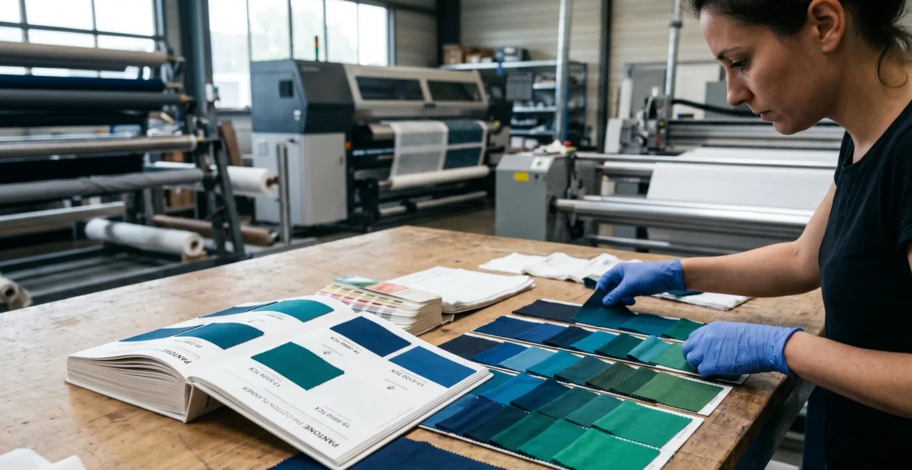 Technicienne textile comparant des échantillons de viscose imprimée dans différentes nuances de bleu sur une table de travail d'atelier d'impression, avec nuancier Pantone professionnel et équipement de production en arrière-plan