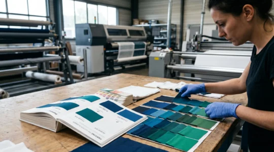 Technicienne textile comparant des échantillons de viscose imprimée dans différentes nuances de bleu sur une table de travail d'atelier d'impression, avec nuancier Pantone professionnel et équipement de production en arrière-plan